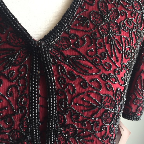 Riva Designs NWT Vintage Silk Evening Gown w Hand-Beading, Short Sleeve, V-Neck - Picture 4 of 8